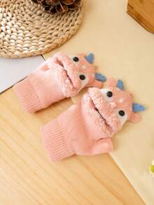1對(2件)3-8歲兒童半指手套,帶翻蓋,馴鹿設計,厚實保暖,卡通可愛 - 粉色 - 查看 8
