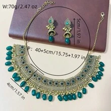3入裝優雅復古合金鑽石彩珠吊墜波西米亞風格珠寶套裝,適合女性節日婚禮佩戴 - 綠色 - 查看 7
