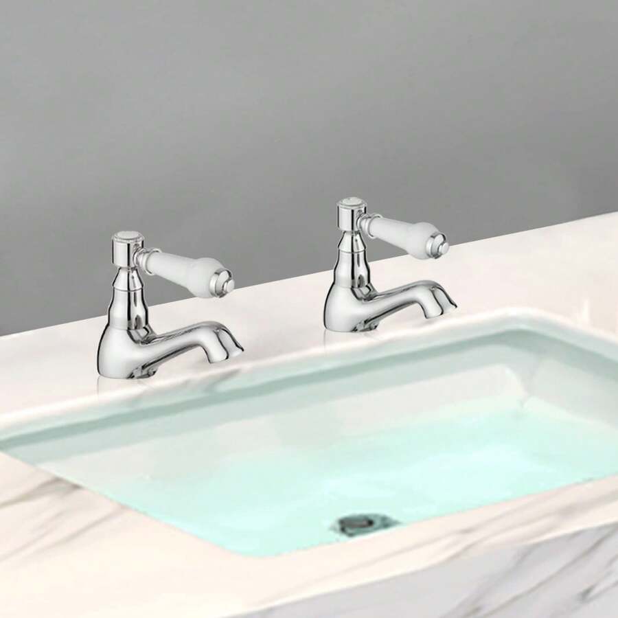Pair Of Basin Taps Hot And Cold Water Bathroom Sink Tap White Ceramic Handle 1/4 Turn Lever 1/2" Faucet, Chrome Set Of 2 - Silver - View 1