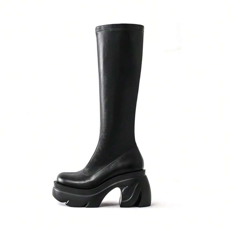 Women'S Chunky Block Heel Goth Square Toe Side Zipper Boots - Black - View 1