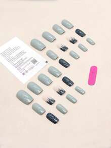 使用24入組時尚三色調中等方形貼式美甲更換您的外觀，銀色亮粉細節全覆蓋假指甲套裝美甲用品 - 彩色 - 查看 2