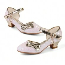 Girls Princess Shoes Sequins Sweet Bows High Heels Wedding Party Dress Shoes Dance Bright Diamond Cosplay Christmas Festival Shoes Pink Blue Purple Gold Silver - 香檳色 - 查看 6