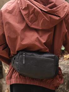 轻便男士腰包胸包斜挎包单肩多功能通勤休闲单肩包商务防水情人节男士礼物 - 黑色 - 查看 4