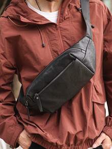 轻便男士腰包胸包斜挎包单肩多功能通勤休闲单肩包商务防水情人节男士礼物 - 黑色 - 查看 5