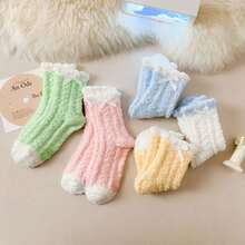 可爱日式珊瑚绒女童袜子加厚居家地巾袜睡眠产后毛绒袜秋冬季 - 黃色 - 查看 2