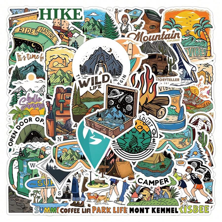 52 件卡通户外露营装备贴纸，Ins 风格，时尚材质图案，适用于玻璃、笔记本、手机壳、行李箱、冰箱、电脑、剪贴簿、书桌装饰，防水自粘贴花 - 彩色 - 查看 1