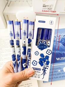 M O K A 1 Box Of 4pcs Flower Design Liquid Ink Ballpoint Pens, Ins Style, Cartoon & Quick Drying Gel Pens For Students, 0.5mm Tip, Black Ink - Multicolor - View 3