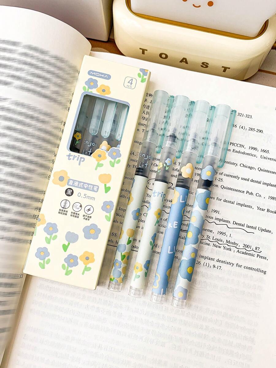 M O K A 1 Box Of 4pcs Flower Design Liquid Ink Ballpoint Pens, Ins Style, Cartoon & Quick Drying Gel Pens For Students, 0.5mm Tip, Black Ink - Multicolor - View 1