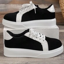 2024 New Arrival Women's Lace-Up Color Block Thick Sole Round Toe Shoes, Suitable For Outdoor And Casual Occasions, Wear-Resistant And Slip-Resistant, Comfortable - Black and White - View 5