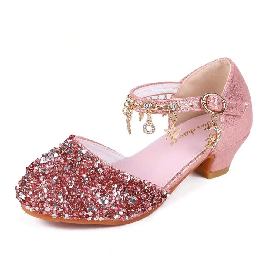 Girls Princess Shoes Sequins Sweet Bows High Heels Wedding Party Dress Shoes Dance Bright Diamond Cosplay Christmas Festival Shoes Pink Blue Purple Gold Silver - 藕粉色 - 查看 1