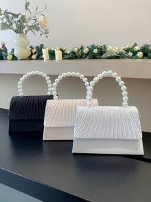 女式奢華人造珍珠手拿包晚餐包,浪漫褶皺設計,方形手提包,適合婚禮、派對、正式活動、新娘手持錢包 - 黑色 - 查看 7