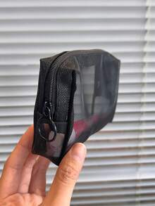 1pc/Small Set Fashionable Mesh Cosmetic Bag, Blue Breathable Storage Bag, Coin Purse, Wash Bag - Black - View 5