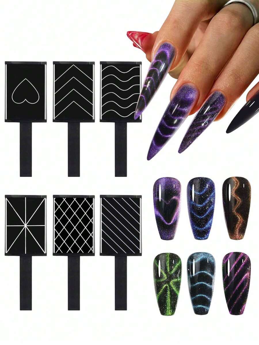 Nail Art Square Cat Eye Magnet Set, 6pcs Black Pattern Magnetic Plate For Cat Eye Gel Polish Design Manicure Tool - Black - View 1