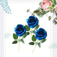 3入組藍色柔軟布料製造的人造玫瑰花,用於婚禮宴會晚餐桌面中心裝飾、家居及集體活動裝飾道具 - 藍色 - 查看 1