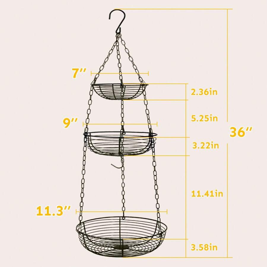 3 Tier Hanging Fruit Basket With Banana Hook, Heavy Duty Wire Hanging