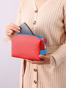 玫瑰紅色對比色拼接pu化妝包,帶有彈性手柄,防水大容量化妝包,女士時尚款式,適用於化妝工具收納,學校用品,旅行配件。 - 玫紅色 - 查看 6