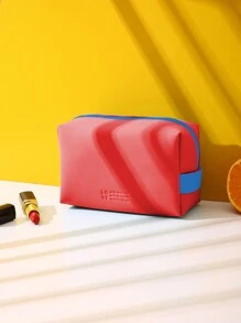 玫瑰紅色對比色拼接pu化妝包,帶有彈性手柄,防水大容量化妝包,女士時尚款式,適用於化妝工具收納,學校用品,旅行配件。 - 玫紅色 - 查看 2