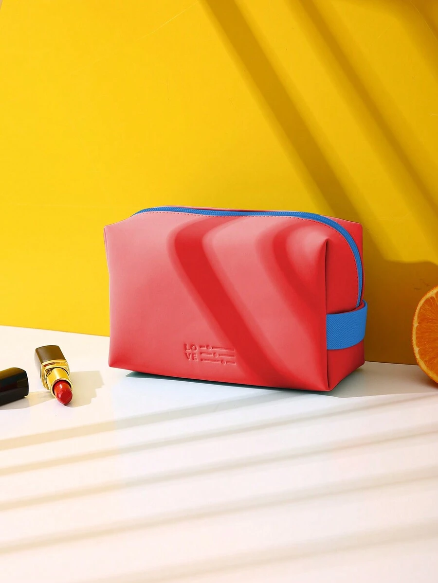 玫瑰紅色對比色拼接pu化妝包,帶有彈性手柄,防水大容量化妝包,女士時尚款式,適用於化妝工具收納,學校用品,旅行配件。