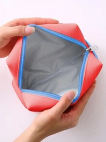 玫瑰紅色對比色拼接pu化妝包,帶有彈性手柄,防水大容量化妝包,女士時尚款式,適用於化妝工具收納,學校用品,旅行配件。 - 玫紅色 - 查看 4