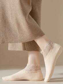 2pairs Women's Stylish Lace Low Cut Socks With Velvet Lining, Black/Skin Color, Winter - Multicolor - View 7