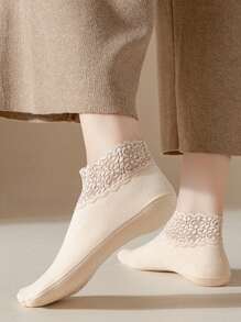 2pairs Women's Stylish Lace Low Cut Socks With Velvet Lining, Black/Skin Color, Winter - Multicolor - View 6