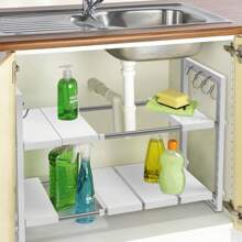 LUCKUP Expandable Under Sink Organizer 2-Tier Adjustable Shelf Organizer With 10 Removable Panels And Stainless Steel Pipes With Hooks, Multifunctional Storage Rack - White - View 2