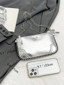 Women's Retro Color Block Beaded Chain Shoulder Bag With Bark Texture Design, Commute Envelope Bag - Silver - View 3