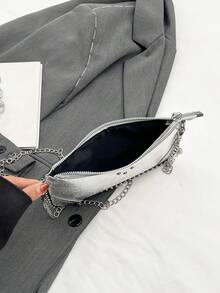 Women's Retro Color Block Beaded Chain Shoulder Bag With Bark Texture Design, Commute Envelope Bag - Silver - View 4