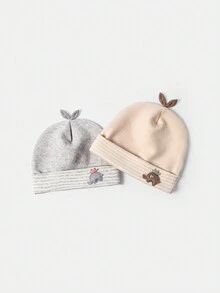 2pcs Random Newborn Baby Beanie Cute Elephant & Sprout Design Double-Layered Warmth Headwear 0-6 Infant Hat - Multicolor - View 2
