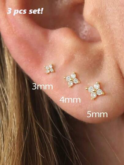 3pcs Elegant Zirconia Flower Stud Earrings, 18K Gold Plated, Petite & Cute, Suitable For Cartilage, Helix Piercings, Gift For Valentine's Day, Mother's Day