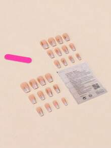 24入組短方形假指甲,帶流融的頭髮和雪花圖案,增強您的魅力,適合穿著跳舞,附有果凍膠、指甲銼、和一根棒子