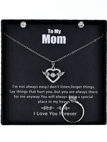 4 件銀色時尚奢華鍍銅 18k 鑲嵌和水鑽翼形心月項鍊、戒指、耳環套裝帶賀卡和禮品盒適合情人節、情侶、女朋友、最好的朋友,適合所有場合 - 銀色 - 查看 16