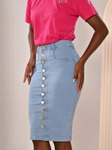 Women Denim Skirts - 中等水洗藍 - 查看 3