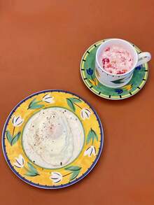 1個鬱金香陶瓷盤,復古手繪水果托盤,餐盤,高端碟子,甜點碟,意粉碟,適用於家庭,辦公室,餐廳 - 黃色鬱金香盤 - 查看 7