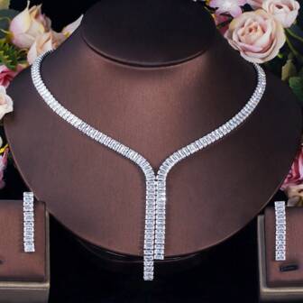 SEQUITO 3件時尚簡約派對珠寶,鍍金長方形aaa立方氧化鋯吊墜項鍊耳環套裝,女士服裝配件