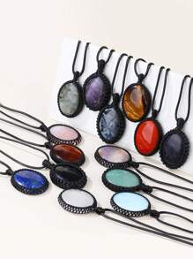 1個橢圓自然石項鍊水晶項鍊,繩套裝自然石英項鍊,適用於女士男士編織靈性飾品 - Necklace - 查看 7