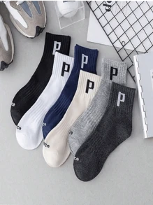 6pairs/Set Men's Letter Design Sporty Breathable Sweat-Absorbing Ins Thin Mid-Calf Socks - Multicolor - View 2