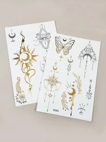 2 Trang tính Vàng bạc Tia sáng Hình xăm dán mặt trời Loại bướm Mặt trăng Lông vũ Hình xăm dán tạm thời - Vàng - Xem 3
