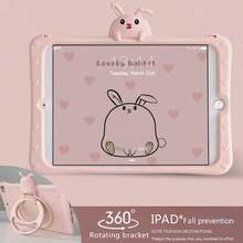 1pc Cute Heart Rabbit Anti-Fall Full Protective Silicone Soft Shell Tablet Case With 360 Rotation Stand Compatible With Ipad - Pink - View 2