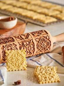 1入組天然木製花紋與雪花壓花擀麵棍製作壓花曲奇、烘焙工具 - 棕色 - 查看 4