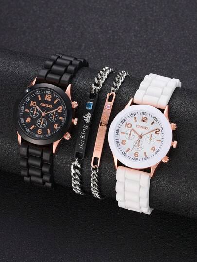 Conjunto De Relojes Para Parejas De 4 Piezas Con Correa De Reloj De Silicona Negra Y Blanca De Ginebra, Con Brazalete De Cadena De Metal