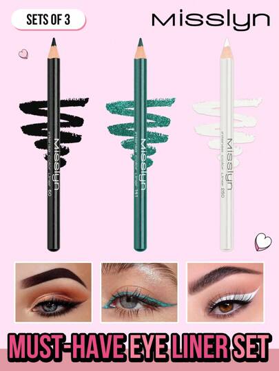 Misslyn 3件套必备眼线笔套装，鲜艳色彩眼线三色组合，眼影眼线笔，可伸缩眼线笔，超显色，防晕染，无动物实验，顺滑，持久，高显色度，不脱妆，易于涂抹（黑色+哑光白+珠光绿）