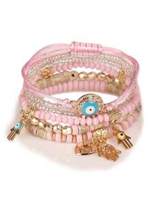 6pcs/Set Bohemian Style Bracelet With Creative Heart Pendant, Multilayer Stretchy Pink Jewelry - Pink - View 1