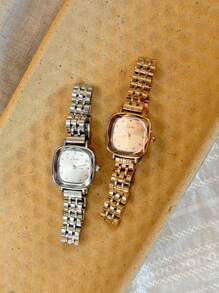 1 件新品實心不銹鋼錶帶,休閒時尚,防水,迷你方形女士石英手錶,銀色方形錶殼,適合日常佩戴和派對