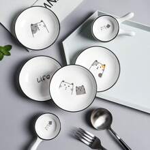 1pc Cute Cat Ceramic Seasoning Small Dish Creative Kitchen Sauce Bowl Household Dipping Plate Creative Vinegar Soy Snack Dishes - White - View 2