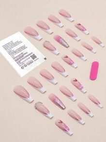 Get Glamorous With 24pcs Long Coffin Glitter Butterfly French Rhinestones Print Fake Nail & 1pc Nail File & 1sheet Tape Press On Nails Nail Supplies - Multicolor - View 2