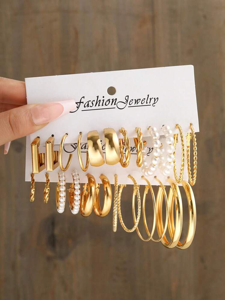 24 件/套简约心形、蝴蝶、花朵、水钻和人造珍珠耳钉套装，适合女性，可作为约会/度假情人节、妈妈、母亲、母亲节、礼物 - 金黃色 - 查看 10