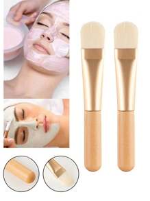 2pcs Facial Mask Brush & Flat Brush Cleansing Tool Face Mask Applicator Mixing Brush Foundation Blending Concealer Brush Beauty Makeup Tool - Beige - View 1
