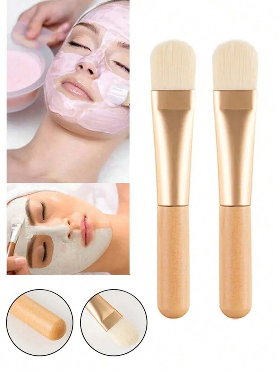 2pcs Facial Mask Brush & Flat Brush Cleansing Tool Face Mask Applicator Mixing Brush Foundation Blending Concealer Brush Beauty Makeup Tool - Beige - View 1