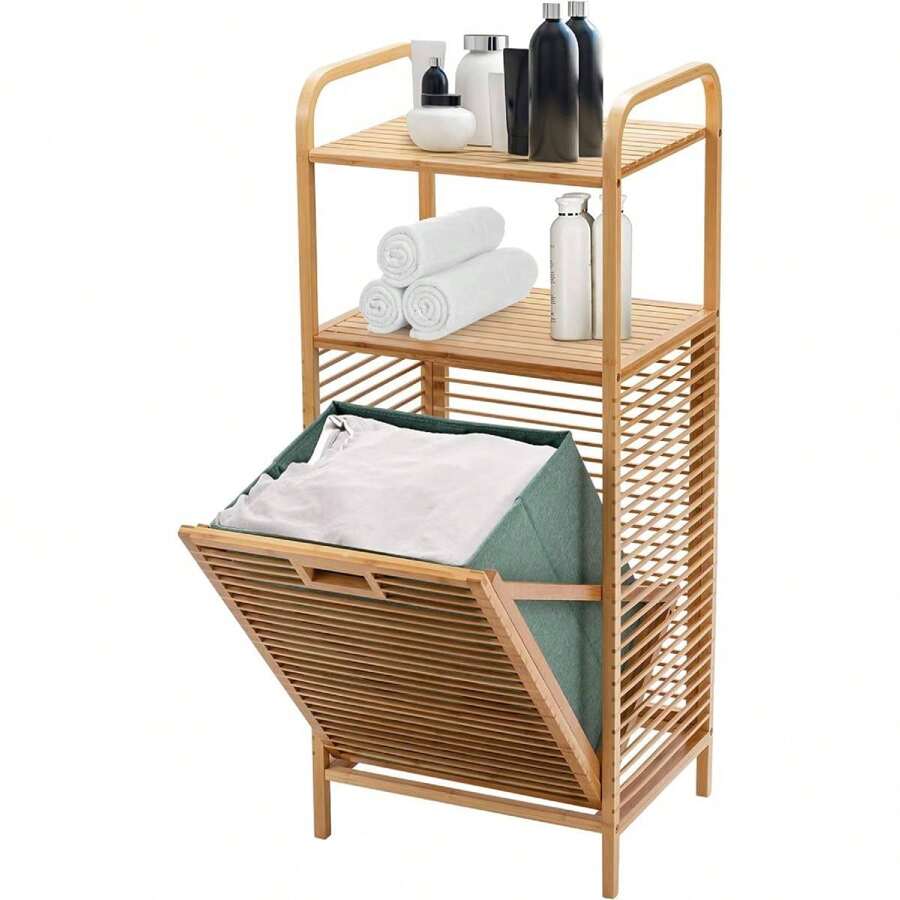 Bathroom Shelf With Laundry Basket, Bathroom Shelf Made Of Bamboo, Bathroom Cabinet With 2 Shelves For Bathroom Accessories, 40L Removable Laundry Basket, Freestanding, For Bathroom Bedroom (40.5 X 33 X 95.5 Cm)